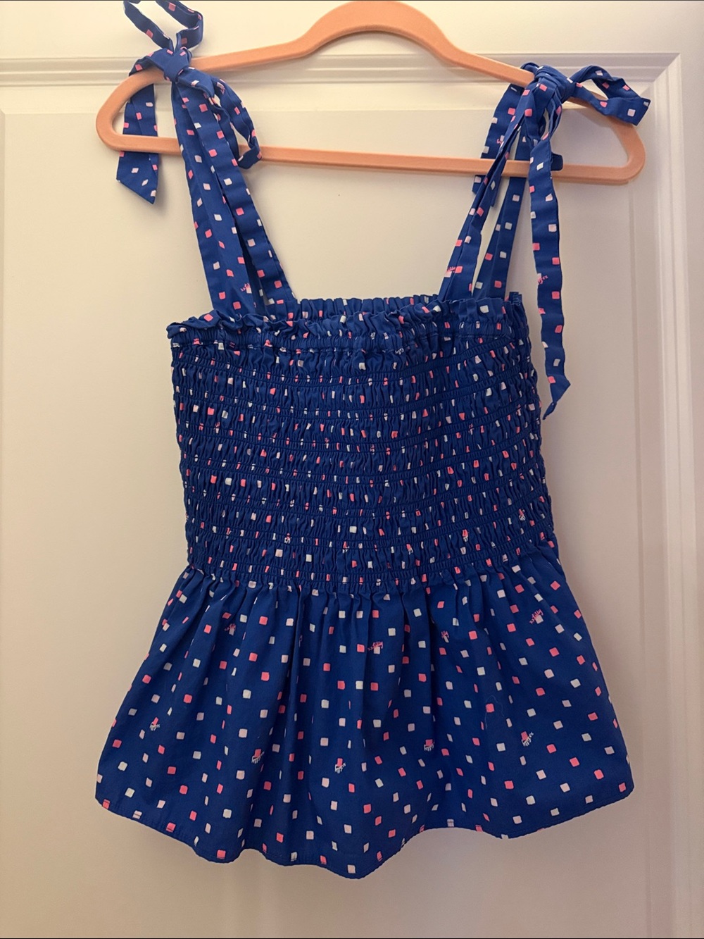 Lilly Pulitzer Blue Smocked Tie-Shoulder Polka Dot Tank